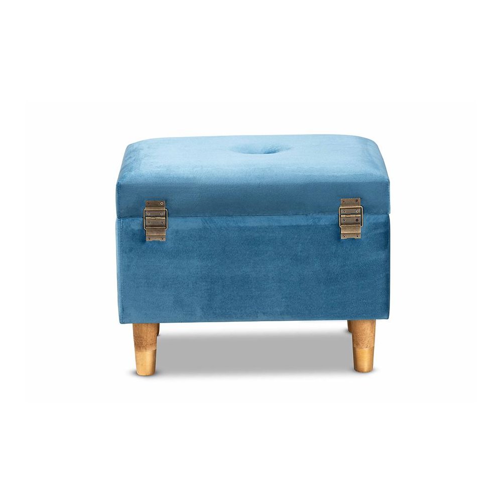 Sky Blue Velvet Fabric Upholstered and Oak Brown Finished Wood Storage Ottoman. Picture 5
