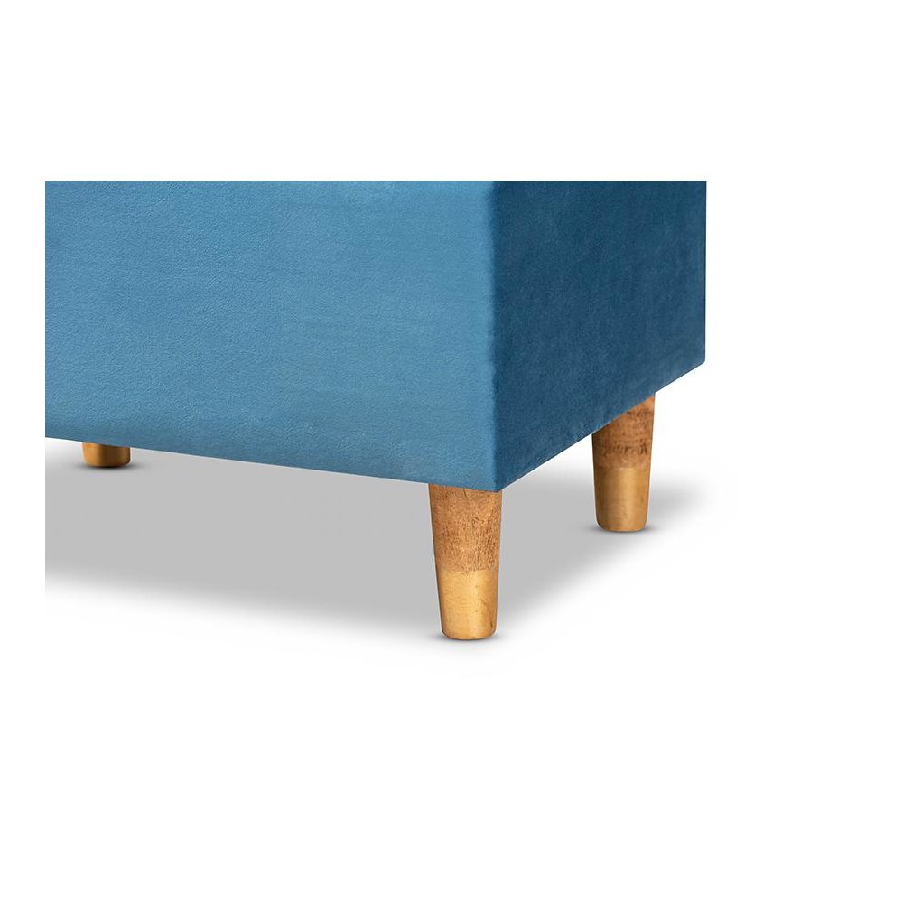Sky Blue Velvet Fabric Upholstered and Oak Brown Finished Wood Storage Ottoman. Picture 7