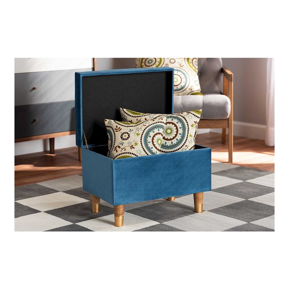 Sky Blue Velvet Fabric Upholstered and Oak Brown Finished Wood Storage Ottoman. Picture 9