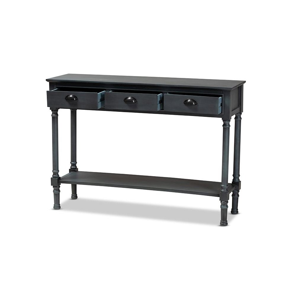 Garvey French Provincial Dark Blue Gray Wood 3-Drawer Entryway Console Table. Picture 2