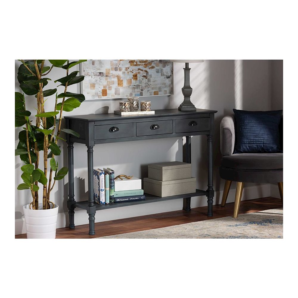 Garvey French Provincial Dark Blue Gray Wood 3-Drawer Entryway Console Table. Picture 7