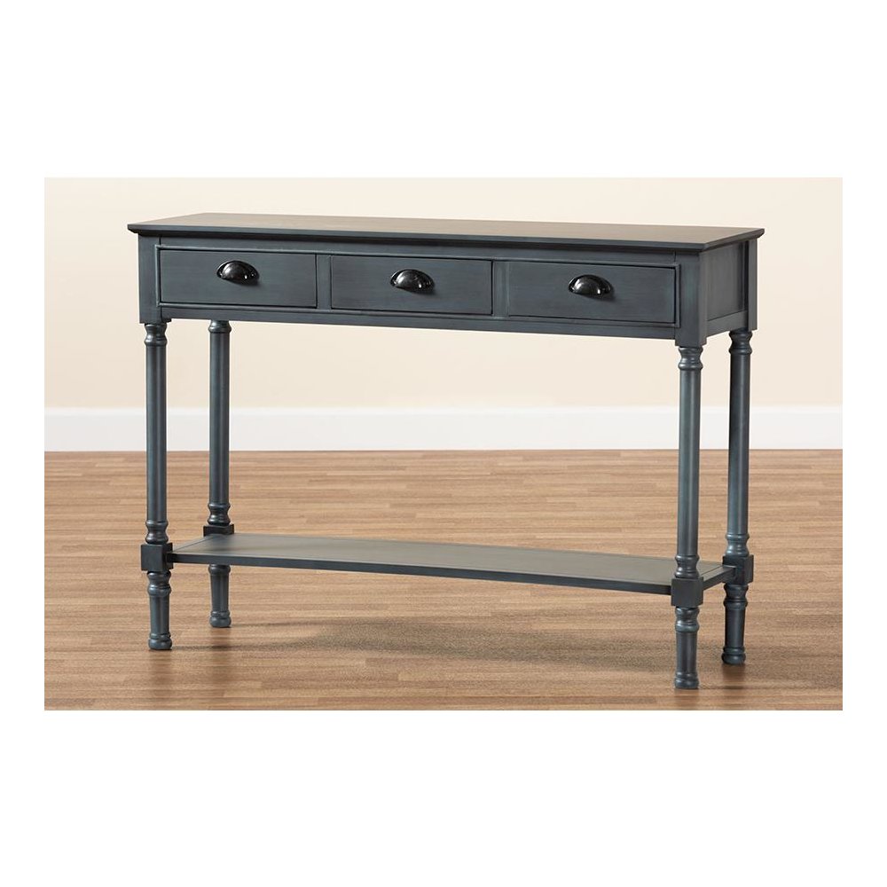 Garvey French Provincial Dark Blue Gray Wood 3-Drawer Entryway Console Table. Picture 8