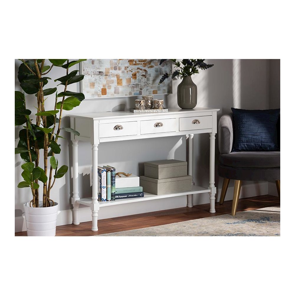 Garvey French Provincial White Finished Wood 3-Drawer Entryway Console Table. Picture 7