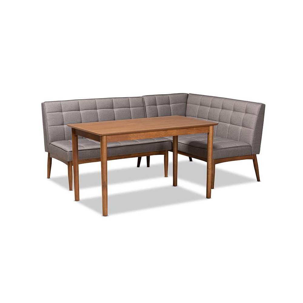 Grey Fabric Upholstered and Walnut Brown Finished Wood 3-Piece Dining Nook Set. Picture 1