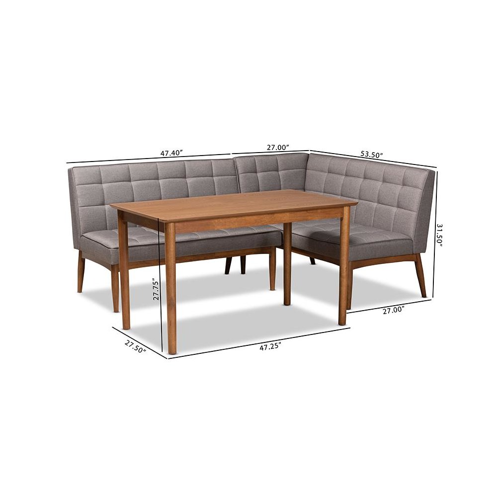 Grey Fabric Upholstered and Walnut Brown Finished Wood 3-Piece Dining Nook Set. Picture 10