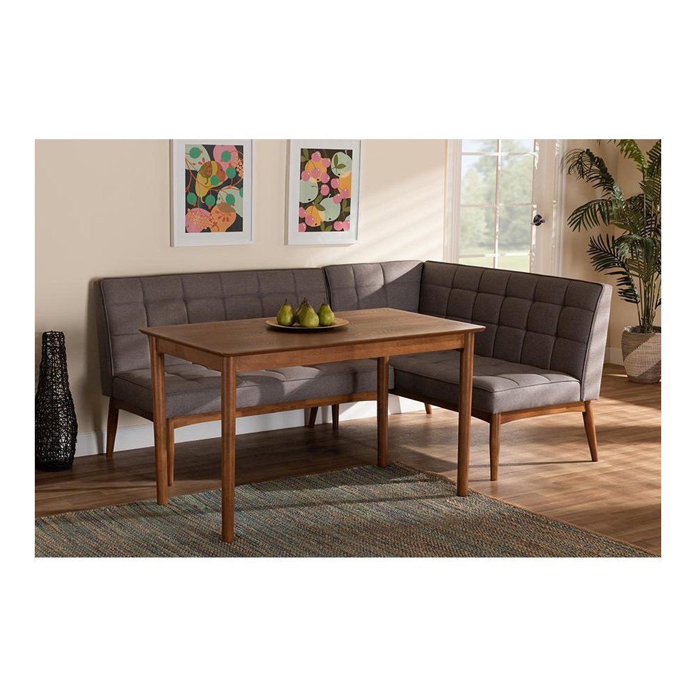 Grey Fabric Upholstered and Walnut Brown Finished Wood 3-Piece Dining Nook Set. Picture 8