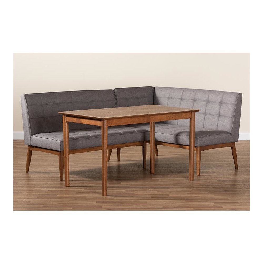 Grey Fabric Upholstered and Walnut Brown Finished Wood 3-Piece Dining Nook Set. Picture 9