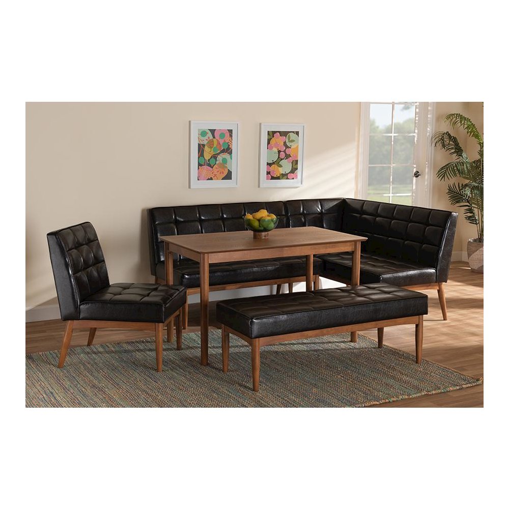 Leather Upholstered and Walnut Brown Finished Wood 5-Piece Dining Nook Set. Picture 10