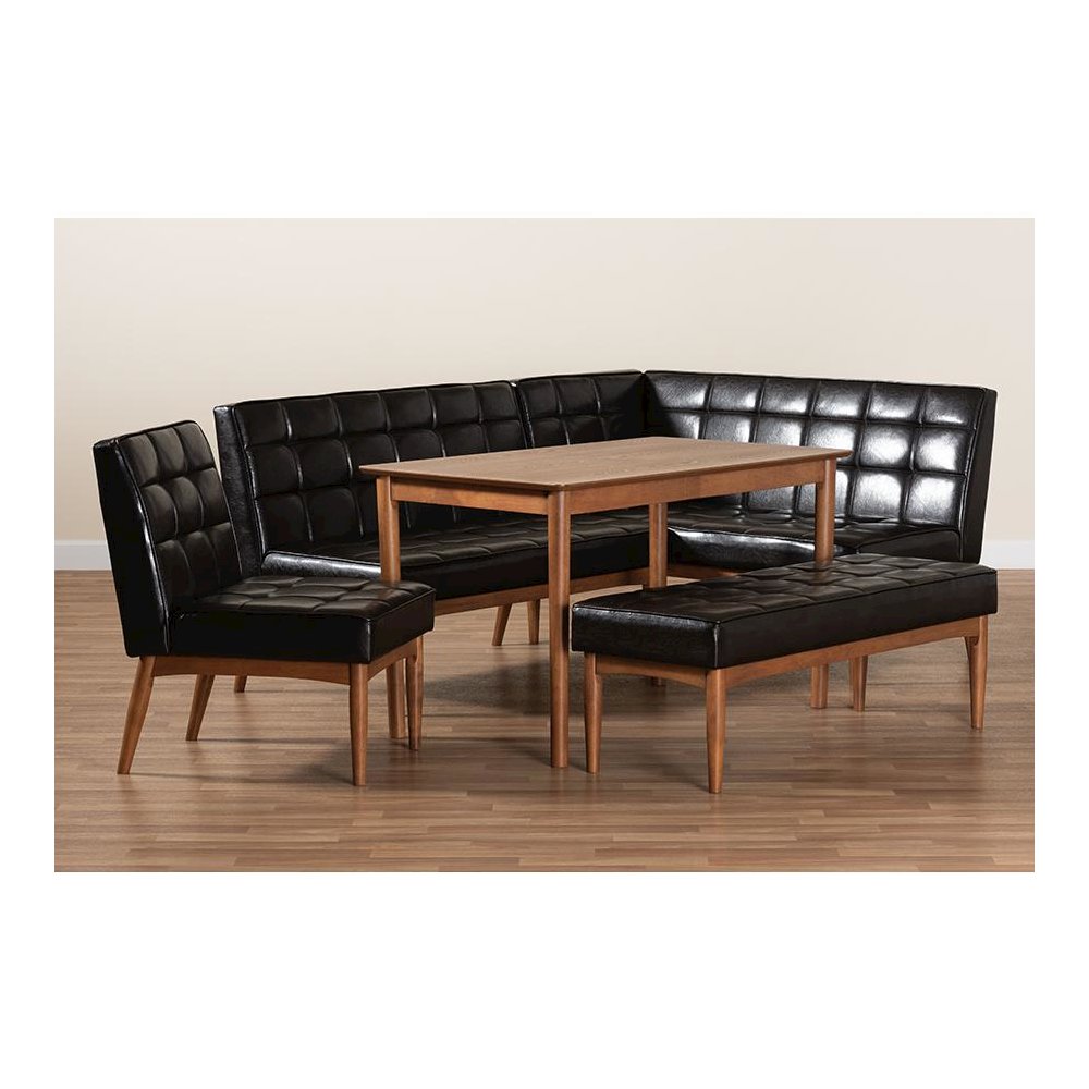 Leather Upholstered and Walnut Brown Finished Wood 5-Piece Dining Nook Set. Picture 11