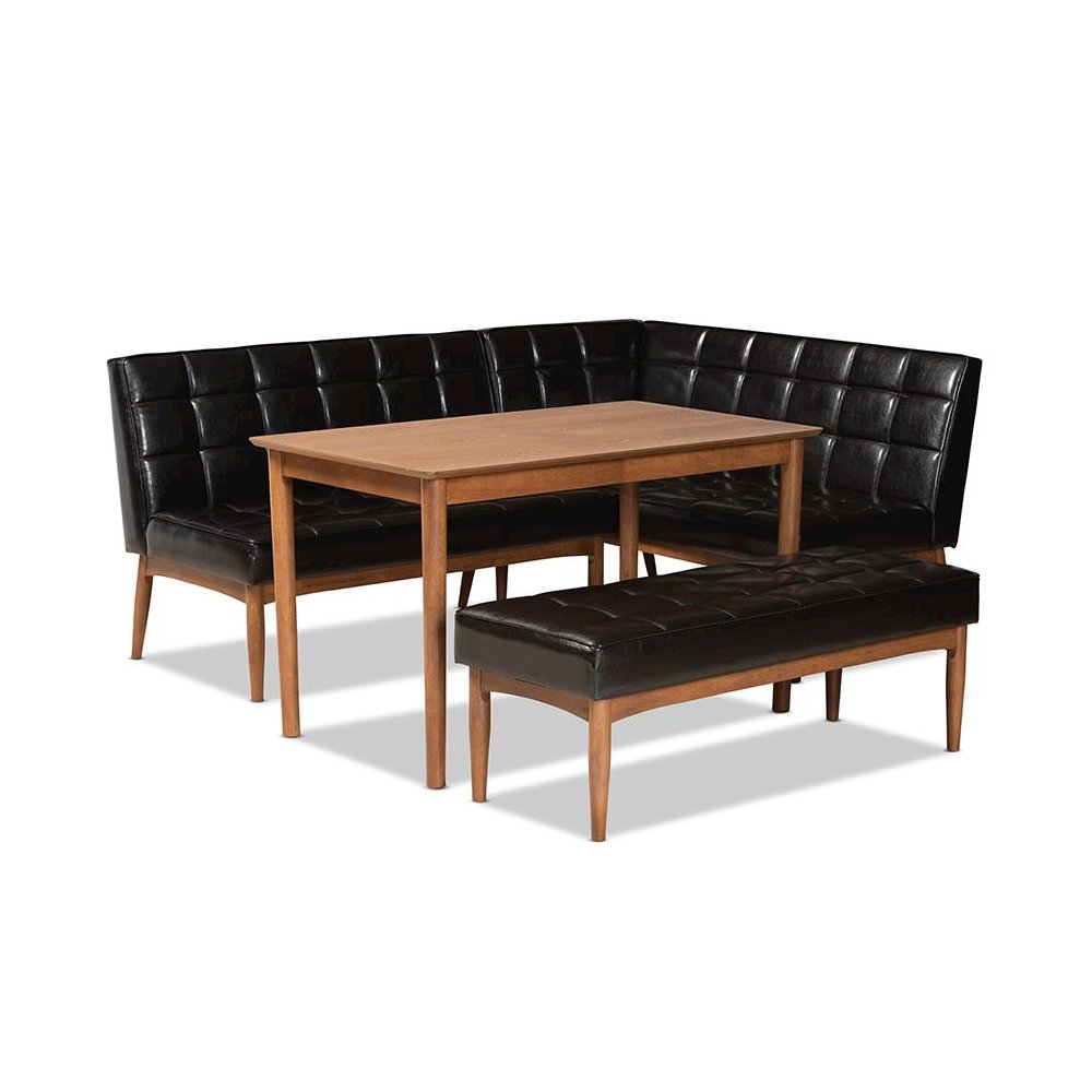 Leather Upholstered and Walnut Brown Finished Wood 4-Piece Dining Nook Set. Picture 1