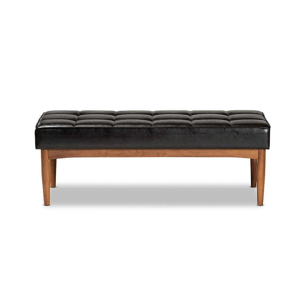 Leather Upholstered and Walnut Brown Finished Wood Dining Bench. Picture 2
