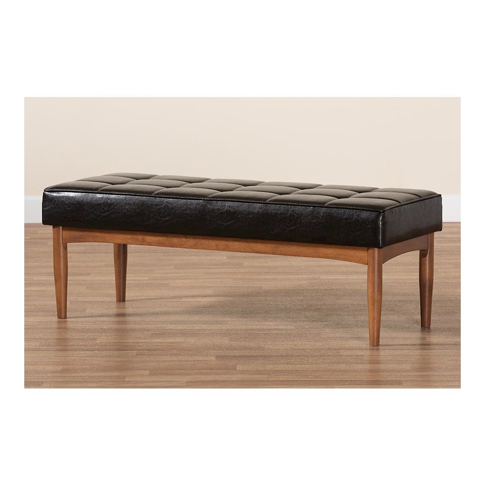 Leather Upholstered and Walnut Brown Finished Wood Dining Bench. Picture 7