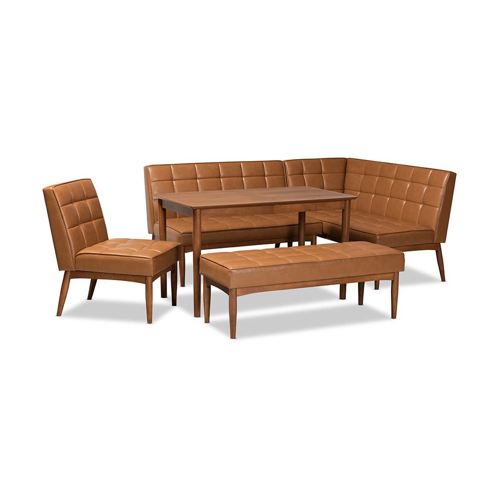 Leather Upholstered and Walnut Brown Finished Wood 5-Piece Dining Nook Set. Picture 1