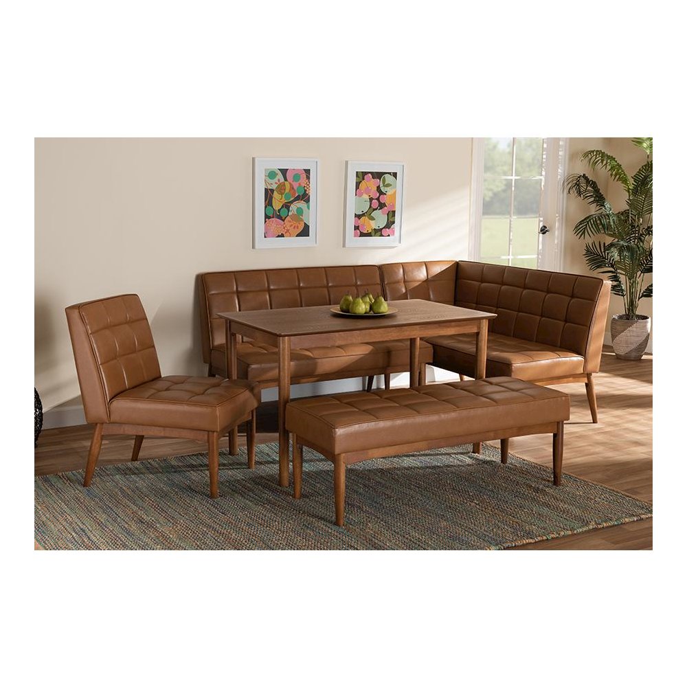 Leather Upholstered and Walnut Brown Finished Wood 5-Piece Dining Nook Set. Picture 10