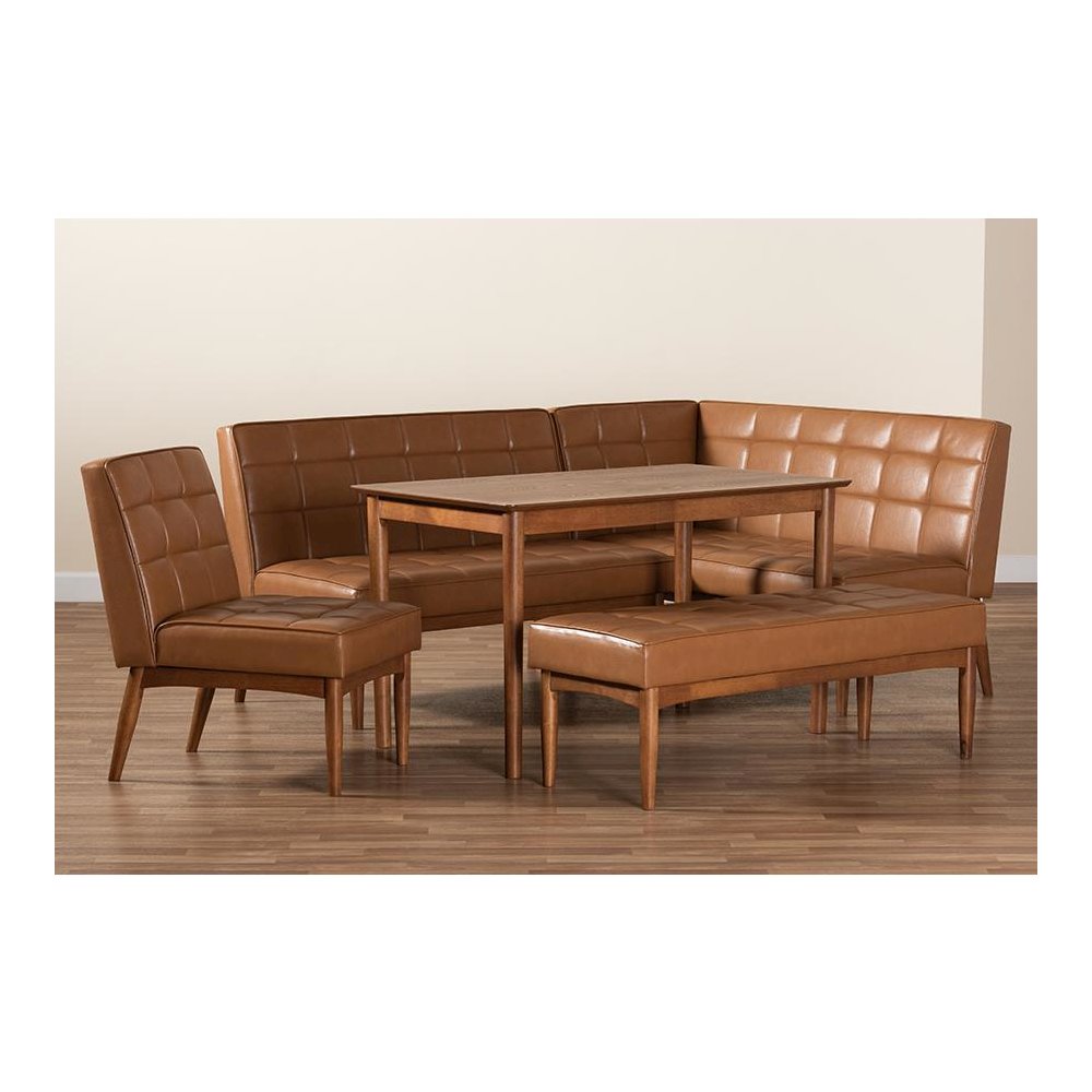 Leather Upholstered and Walnut Brown Finished Wood 5-Piece Dining Nook Set. Picture 11