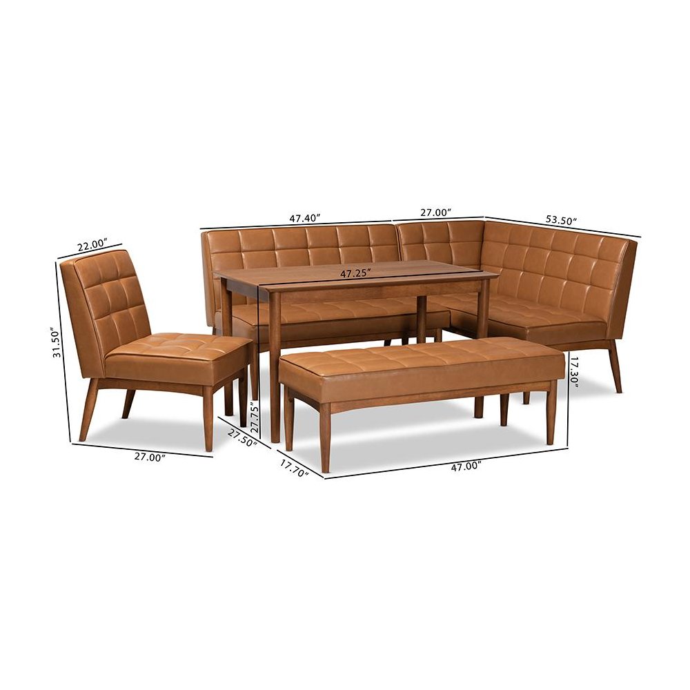 Leather Upholstered and Walnut Brown Finished Wood 5-Piece Dining Nook Set. Picture 12