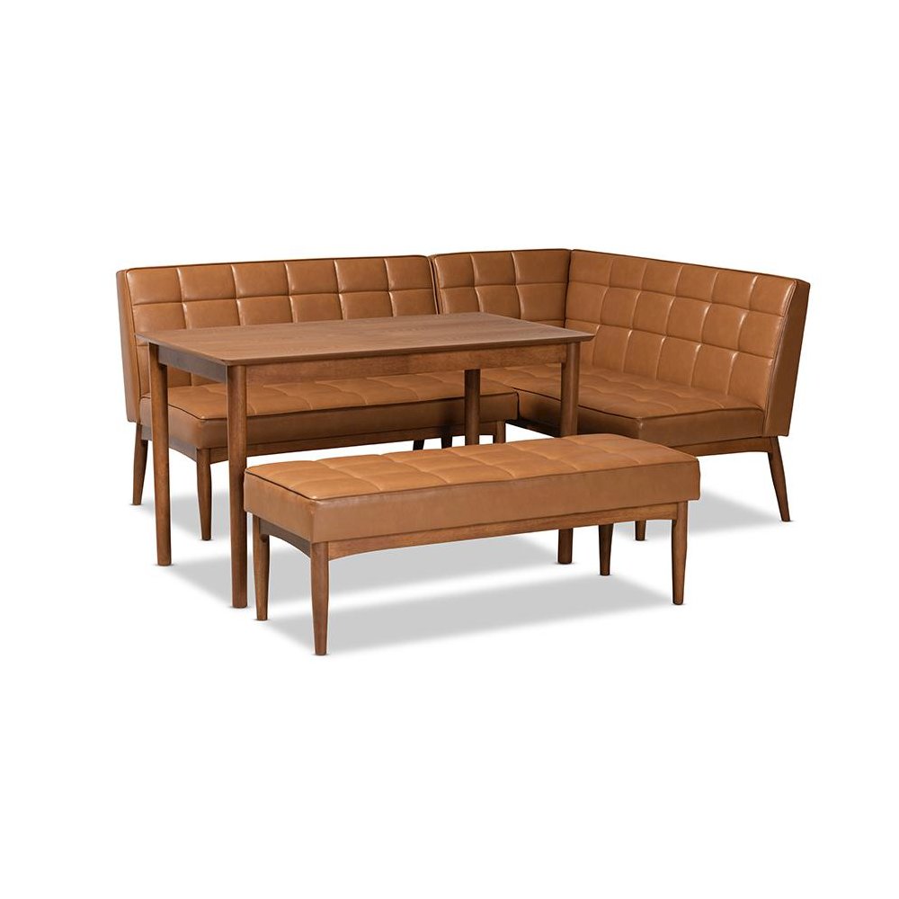 Leather Upholstered and Walnut Brown Finished Wood 4-Piece Dining Nook Set. Picture 1