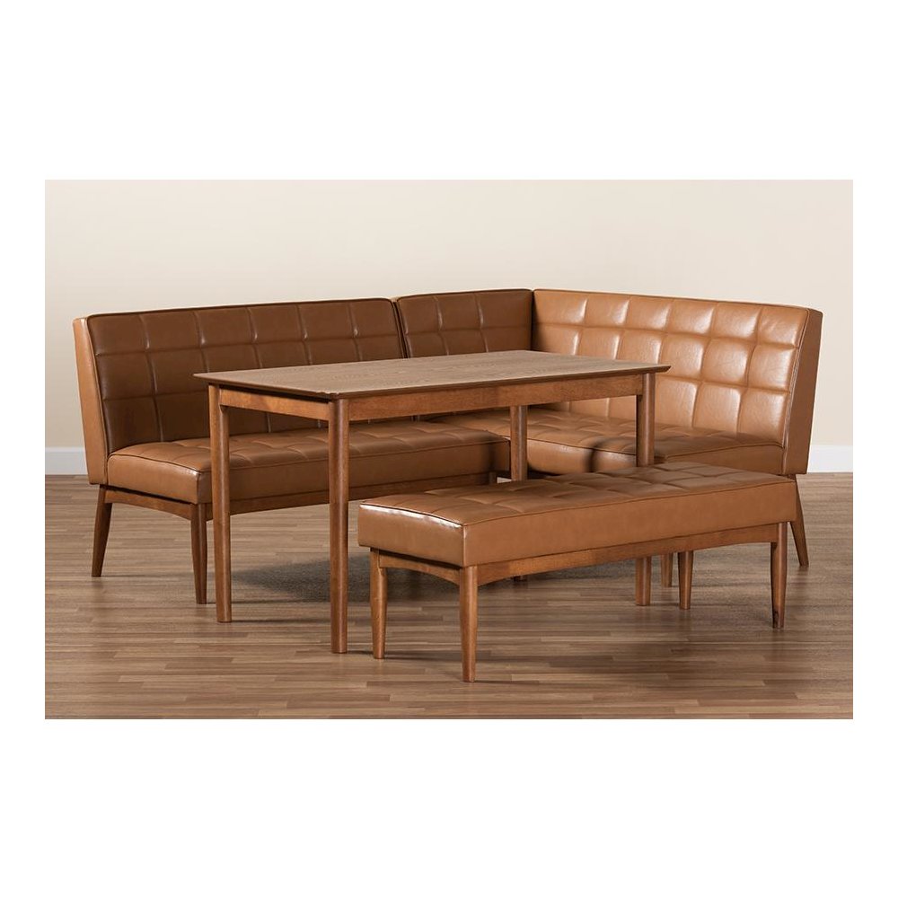Leather Upholstered and Walnut Brown Finished Wood 4-Piece Dining Nook Set. Picture 10