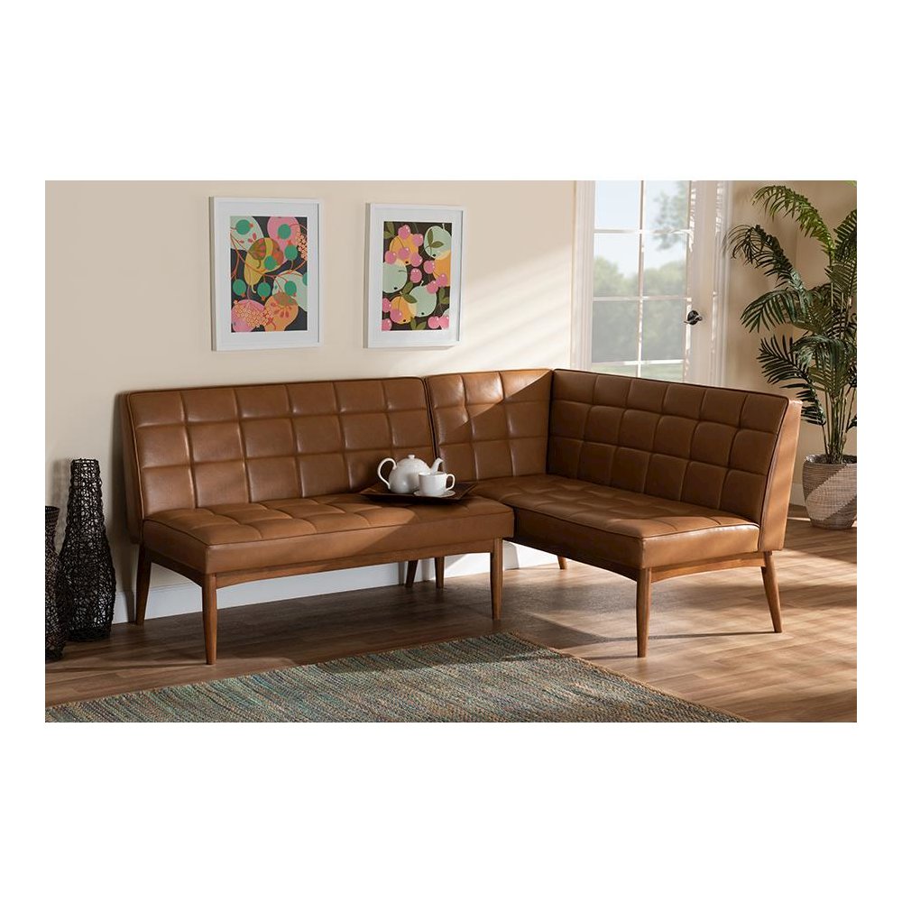 Upholstered and Walnut Brown Finished Wood 2-Piece Dining Nook Banquette Set. Picture 6