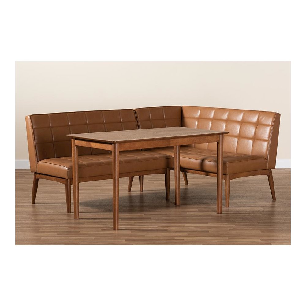 Leather Upholstered and Walnut Brown Finished Wood 3-Piece Dining Nook Set. Picture 9