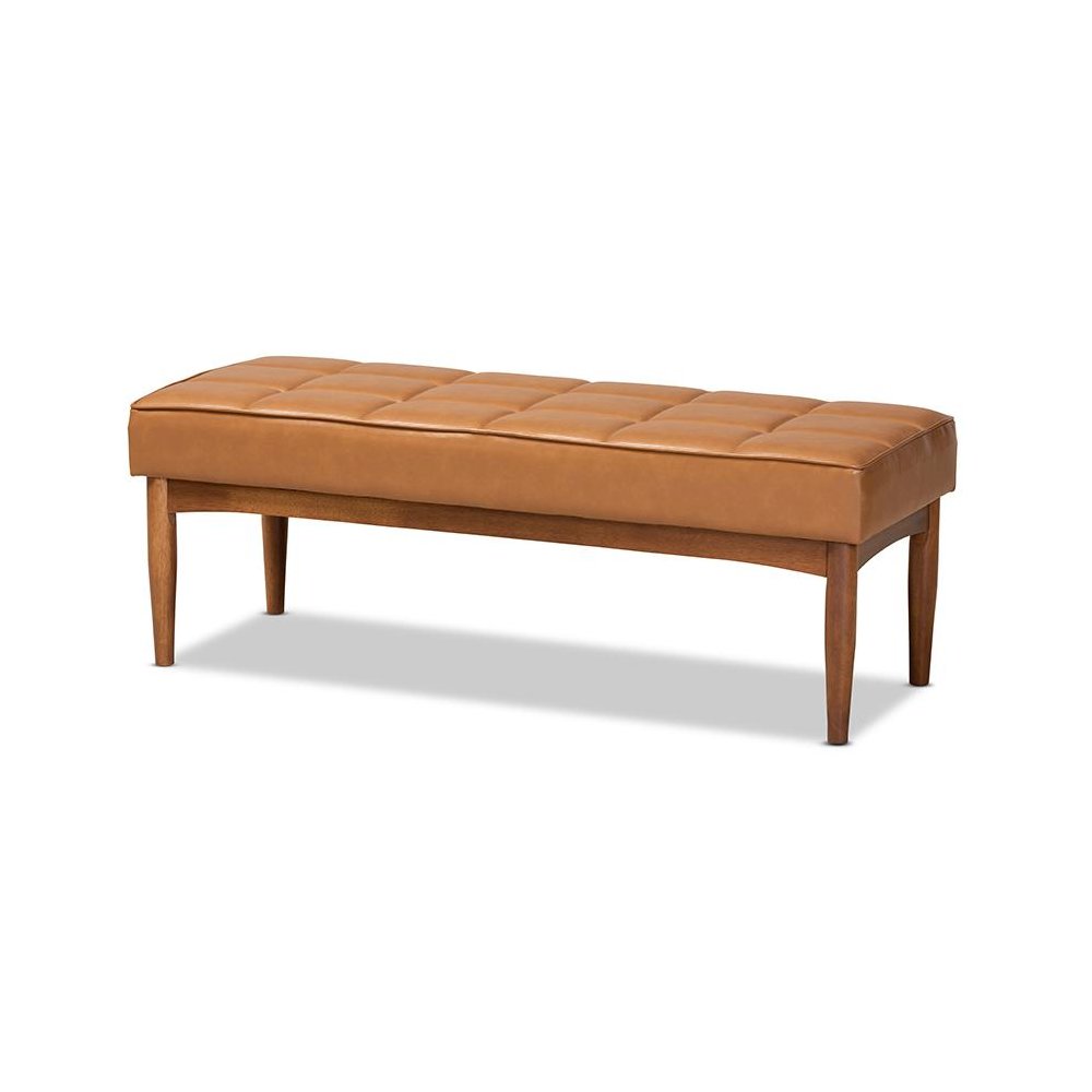 Leather Upholstered and Walnut Brown Finished Wood Dining Bench. Picture 1
