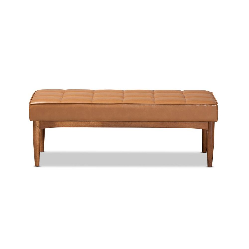 Leather Upholstered and Walnut Brown Finished Wood Dining Bench. Picture 2