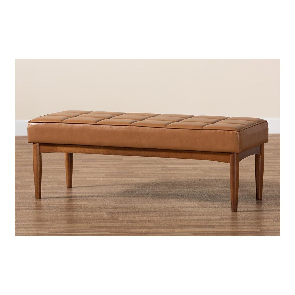 Leather Upholstered and Walnut Brown Finished Wood Dining Bench. Picture 7