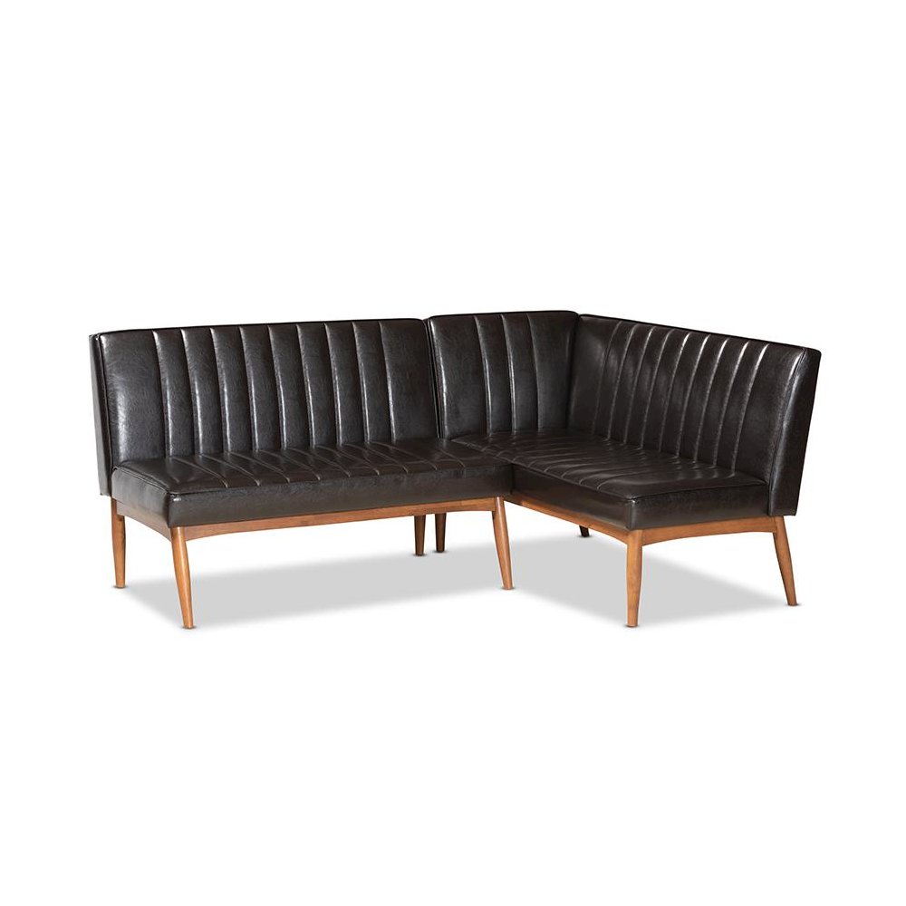 Leather Upholstered Walnut Brown Finished Wood 2-Piece Dining Nook Banquette Set. Picture 1
