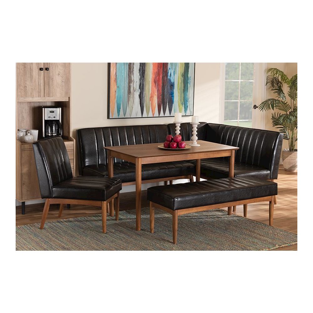 Leather Upholstered and Walnut Brown Finished Wood 5-Piece Dining Nook Set. Picture 10