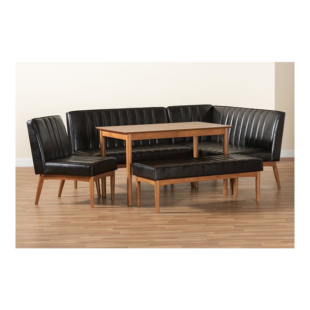 Leather Upholstered and Walnut Brown Finished Wood 5-Piece Dining Nook Set. Picture 11
