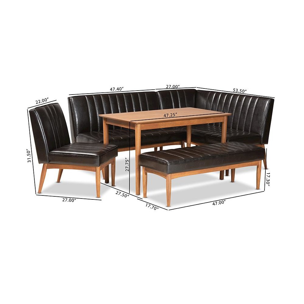 Leather Upholstered and Walnut Brown Finished Wood 5-Piece Dining Nook Set. Picture 12