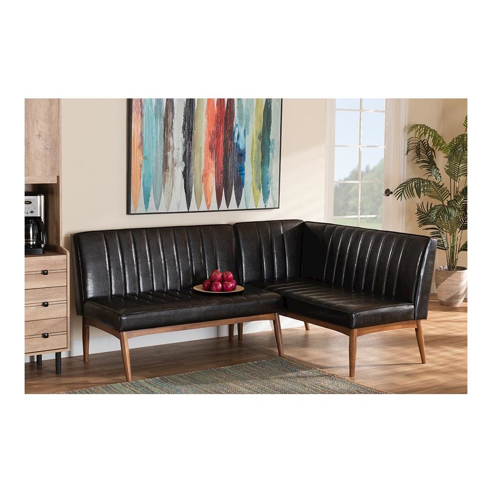 Leather Upholstered Walnut Brown Finished Wood 2-Piece Dining Nook Banquette Set. Picture 6