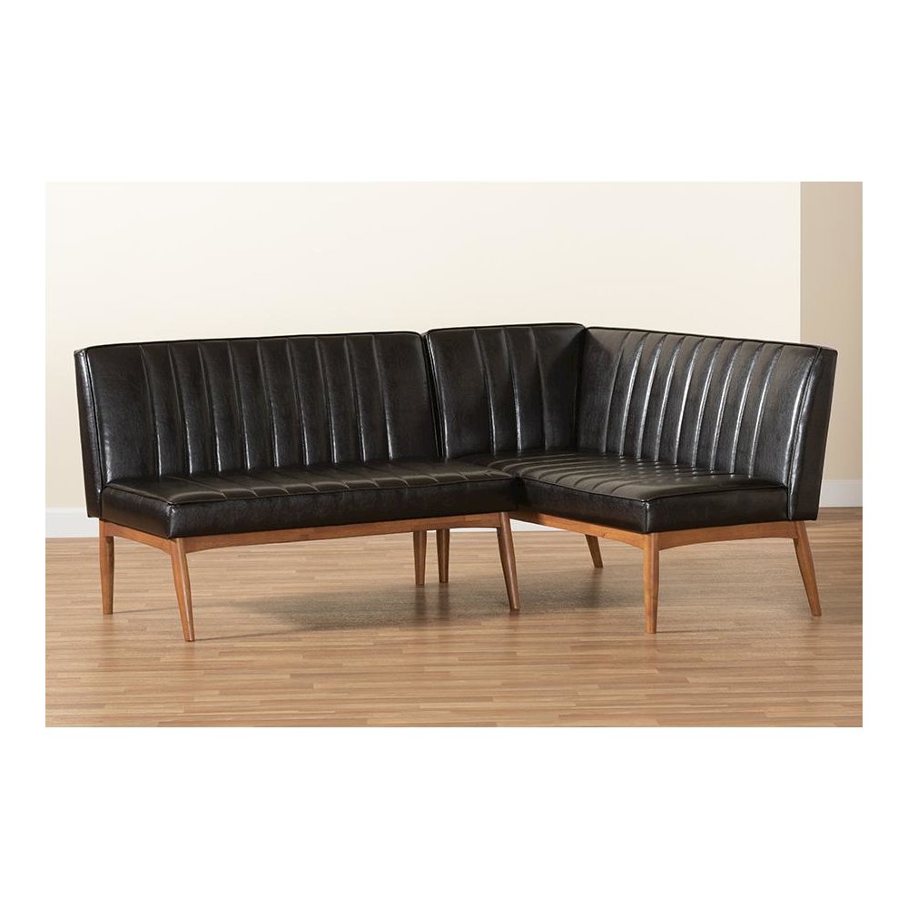 Leather Upholstered Walnut Brown Finished Wood 2-Piece Dining Nook Banquette Set. Picture 7