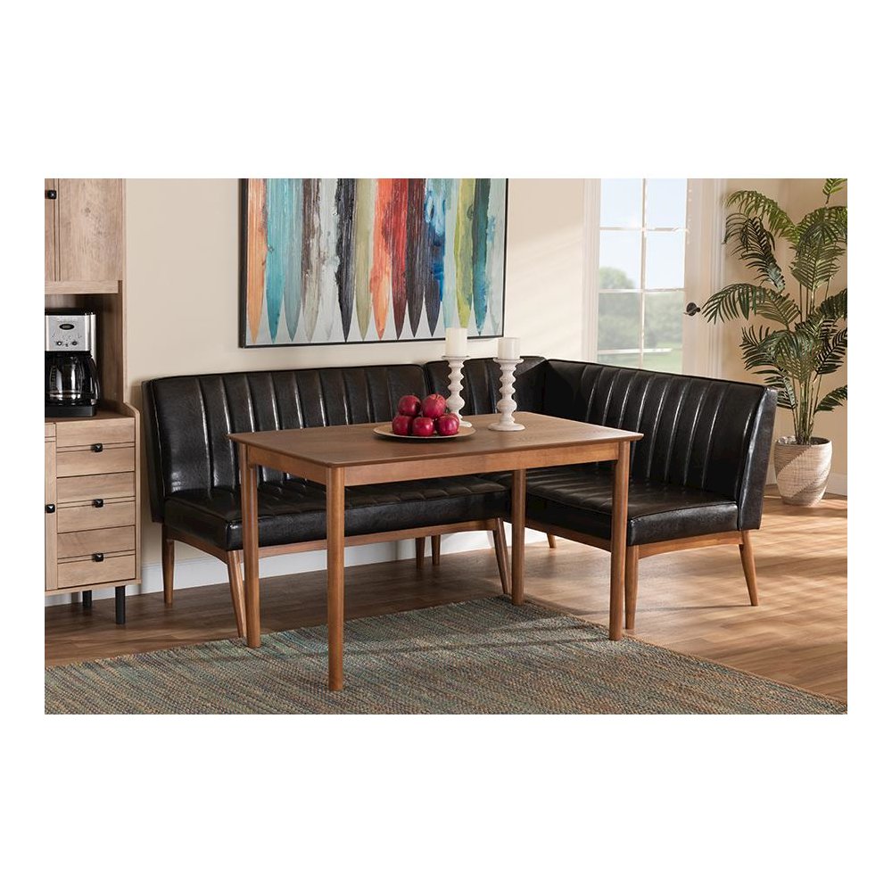 Leather Upholstered and Walnut Brown Finished Wood 3-Piece Dining Nook Set. Picture 8