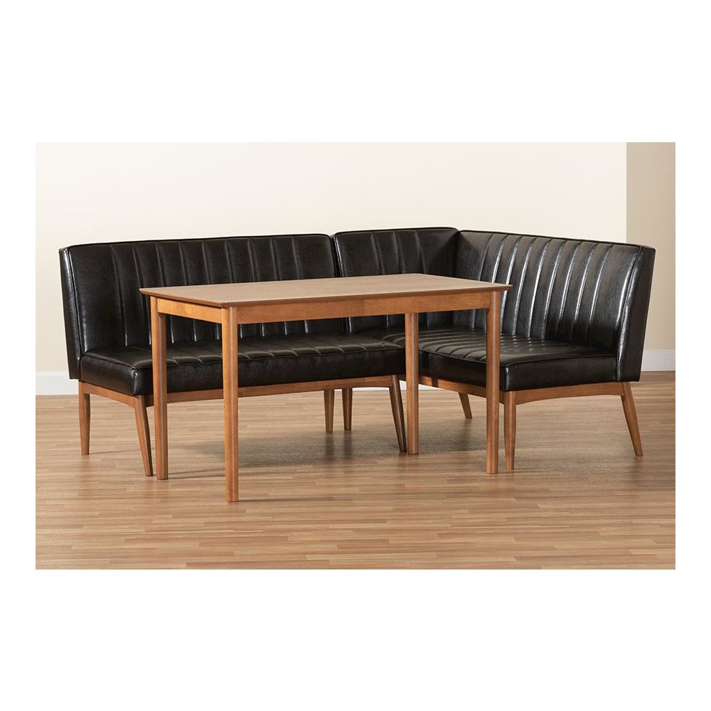 Leather Upholstered and Walnut Brown Finished Wood 3-Piece Dining Nook Set. Picture 9