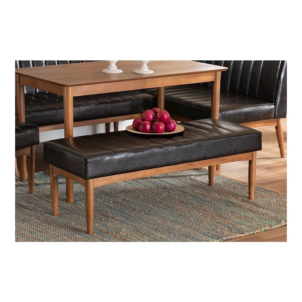 Leather Upholstered and Walnut Brown Finished Wood Dining Bench. Picture 5
