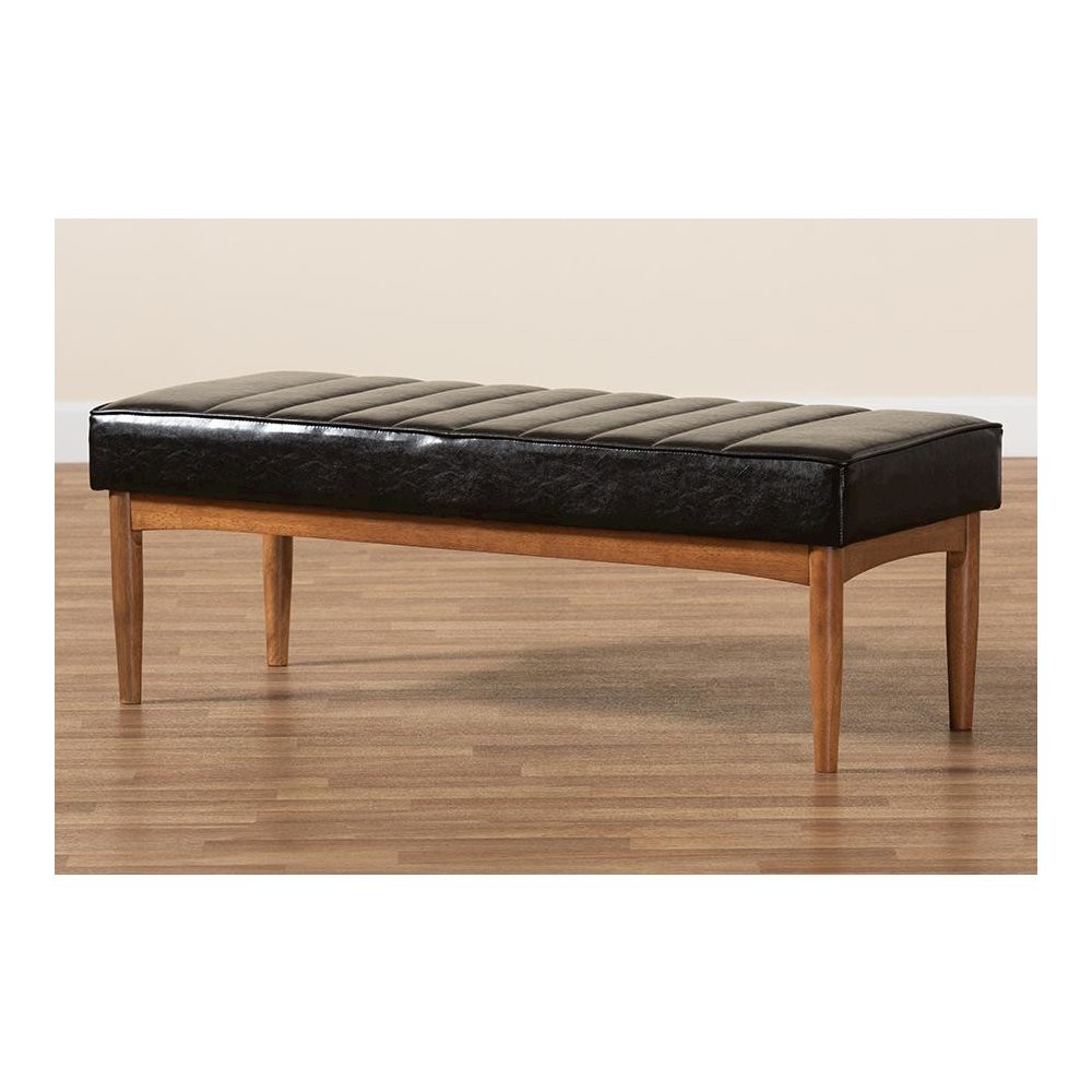 Leather Upholstered and Walnut Brown Finished Wood Dining Bench. Picture 6