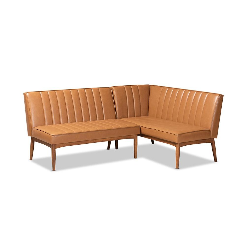Leather Upholstered Walnut Brown Finished Wood 2-Piece Dining Nook Banquette Set. Picture 1