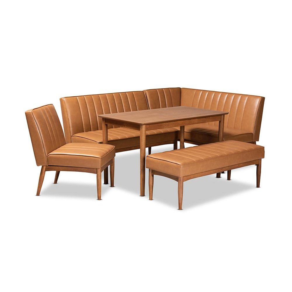 Leather Upholstered and Walnut Brown Finished Wood 5-Piece Dining Nook Set. Picture 1