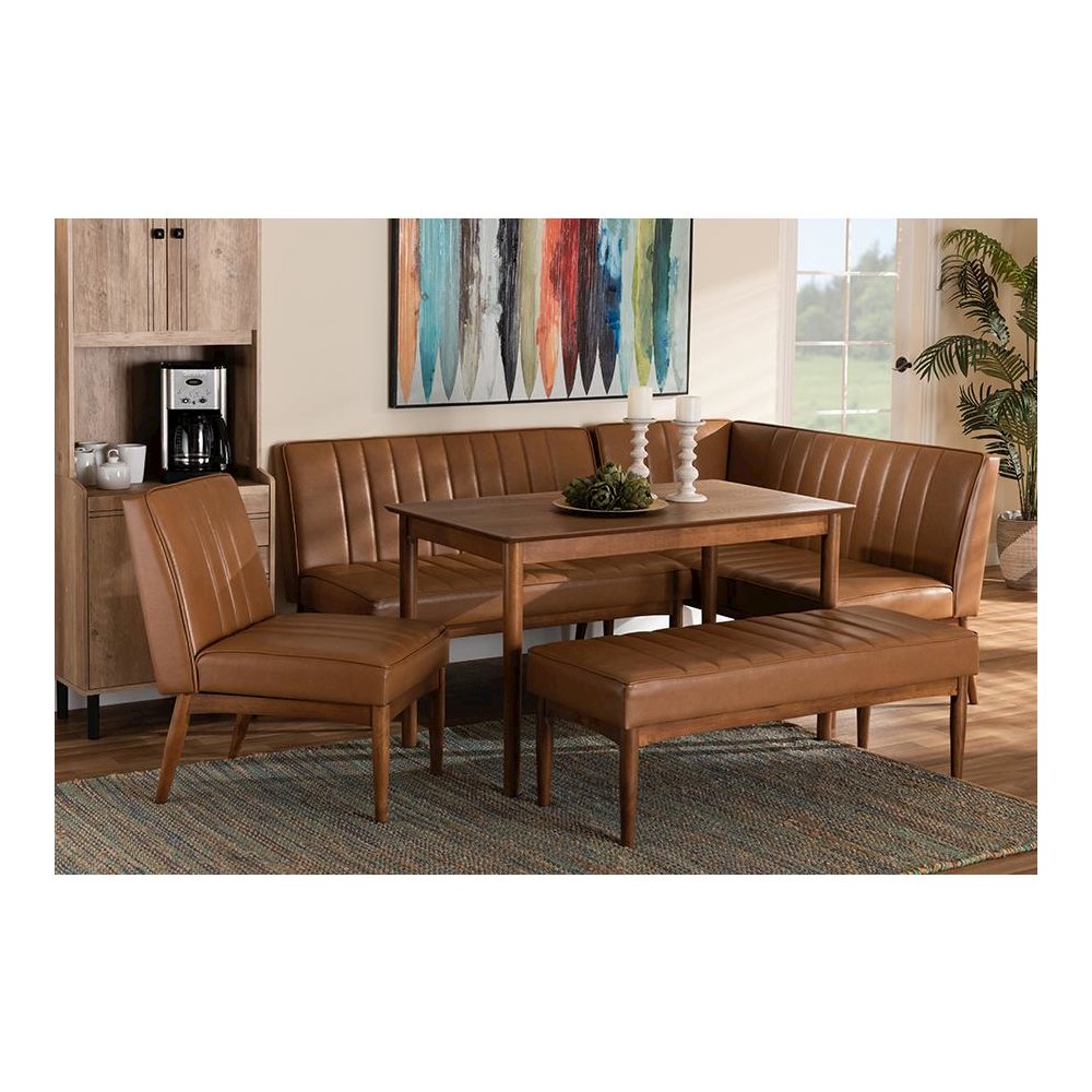 Leather Upholstered and Walnut Brown Finished Wood 5-Piece Dining Nook Set. Picture 10