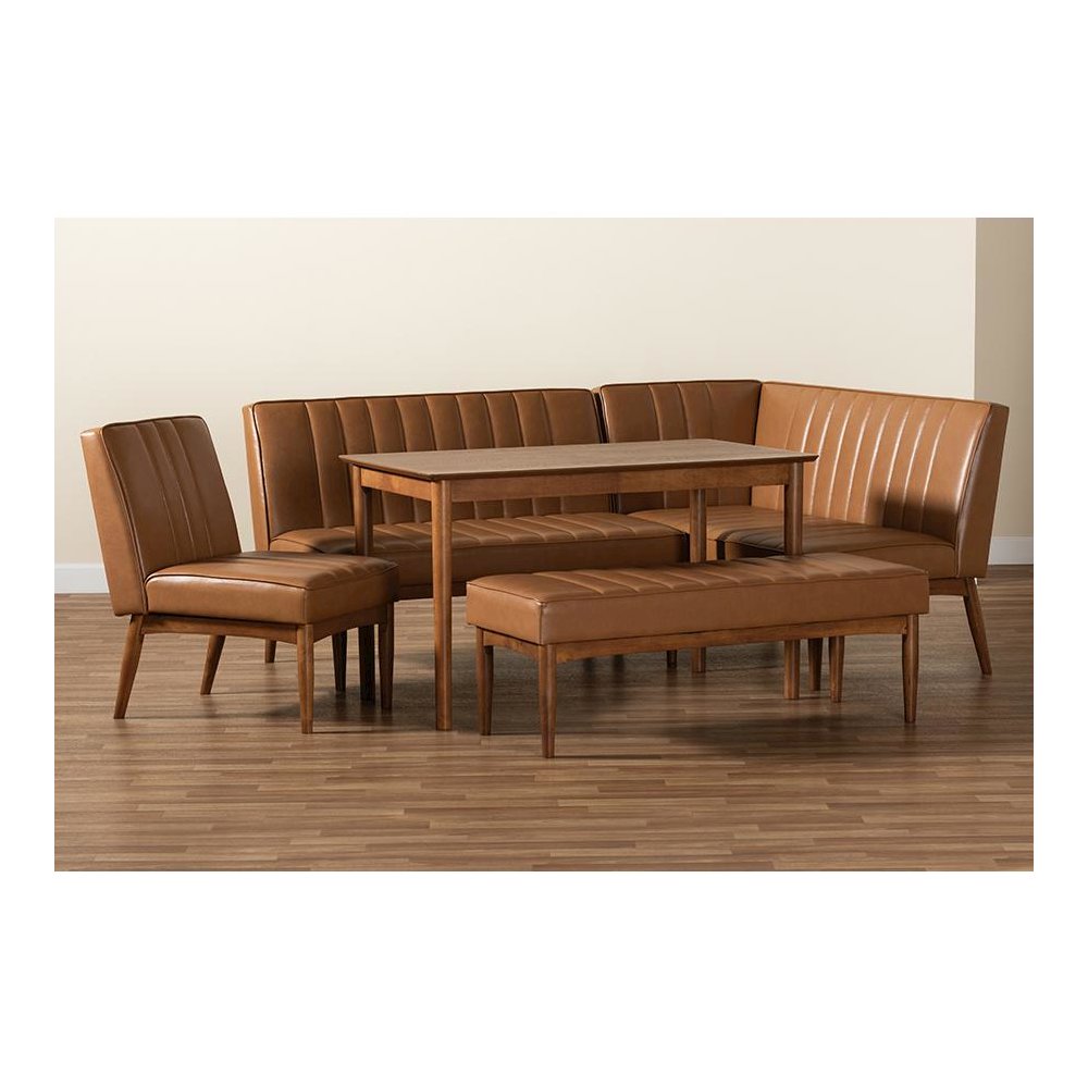 Leather Upholstered and Walnut Brown Finished Wood 5-Piece Dining Nook Set. Picture 11