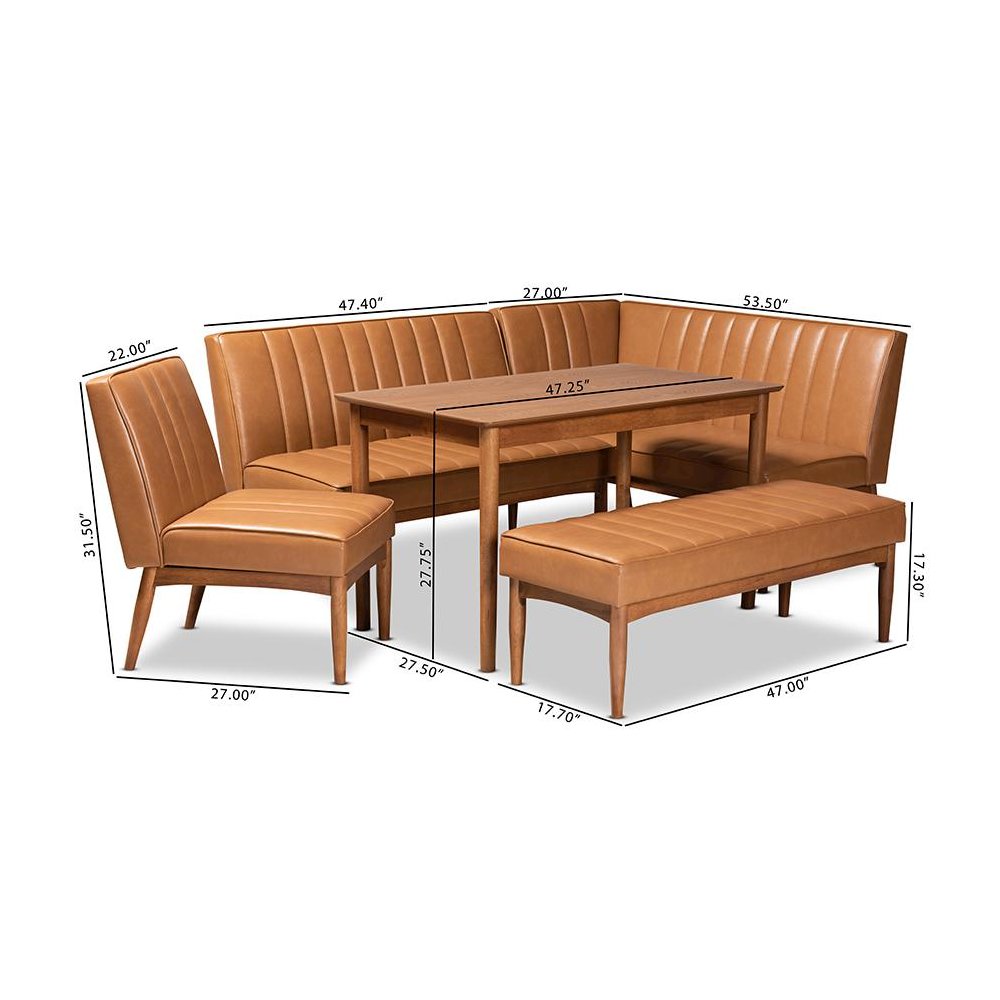 Leather Upholstered and Walnut Brown Finished Wood 5-Piece Dining Nook Set. Picture 12