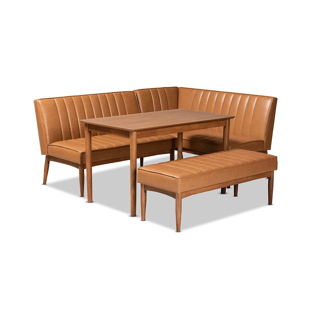 Leather Upholstered and Walnut Brown Finished Wood 4-Piece Dining Nook Set. Picture 1