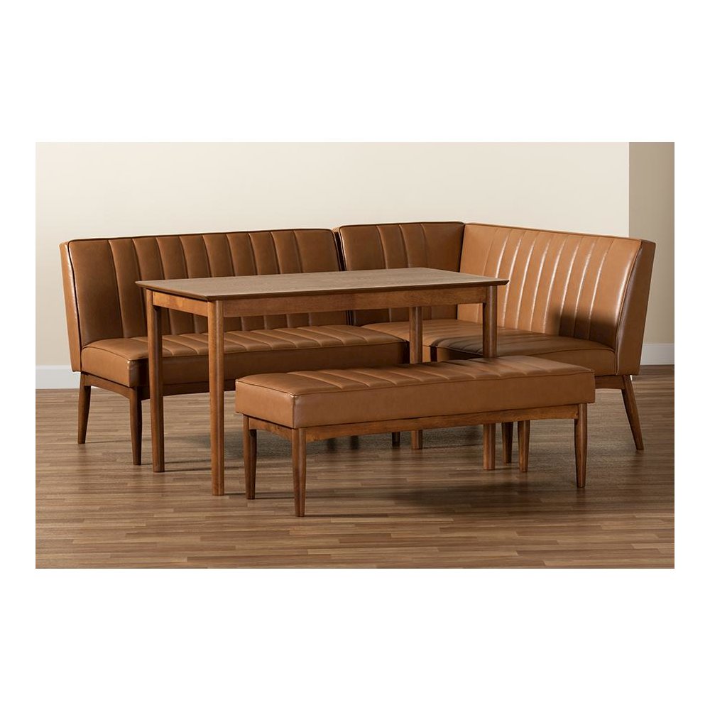 Leather Upholstered and Walnut Brown Finished Wood 4-Piece Dining Nook Set. Picture 10