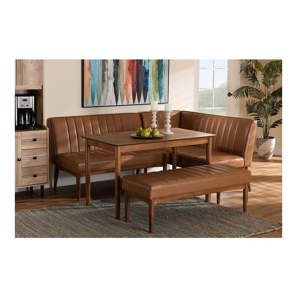 Leather Upholstered and Walnut Brown Finished Wood 4-Piece Dining Nook Set. Picture 9