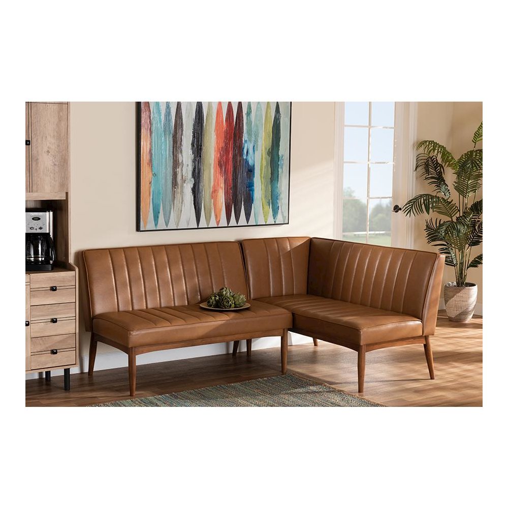 Leather Upholstered Walnut Brown Finished Wood 2-Piece Dining Nook Banquette Set. Picture 6