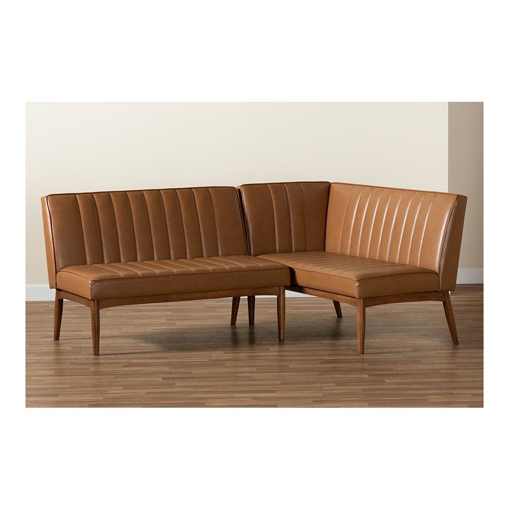 Leather Upholstered Walnut Brown Finished Wood 2-Piece Dining Nook Banquette Set. Picture 7