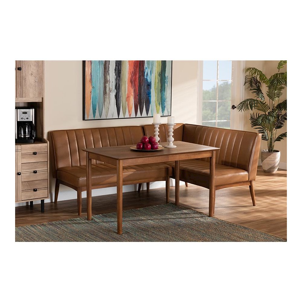 Leather Upholstered and Walnut Brown Finished Wood 3-Piece Dining Nook Set. Picture 8
