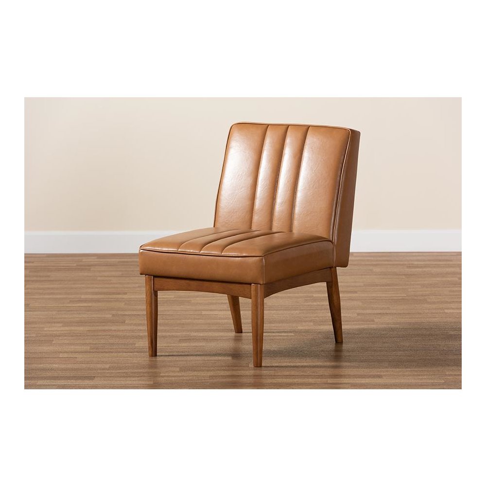 Leather Upholstered and Walnut Brown Finished Wood Dining Chair. Picture 8