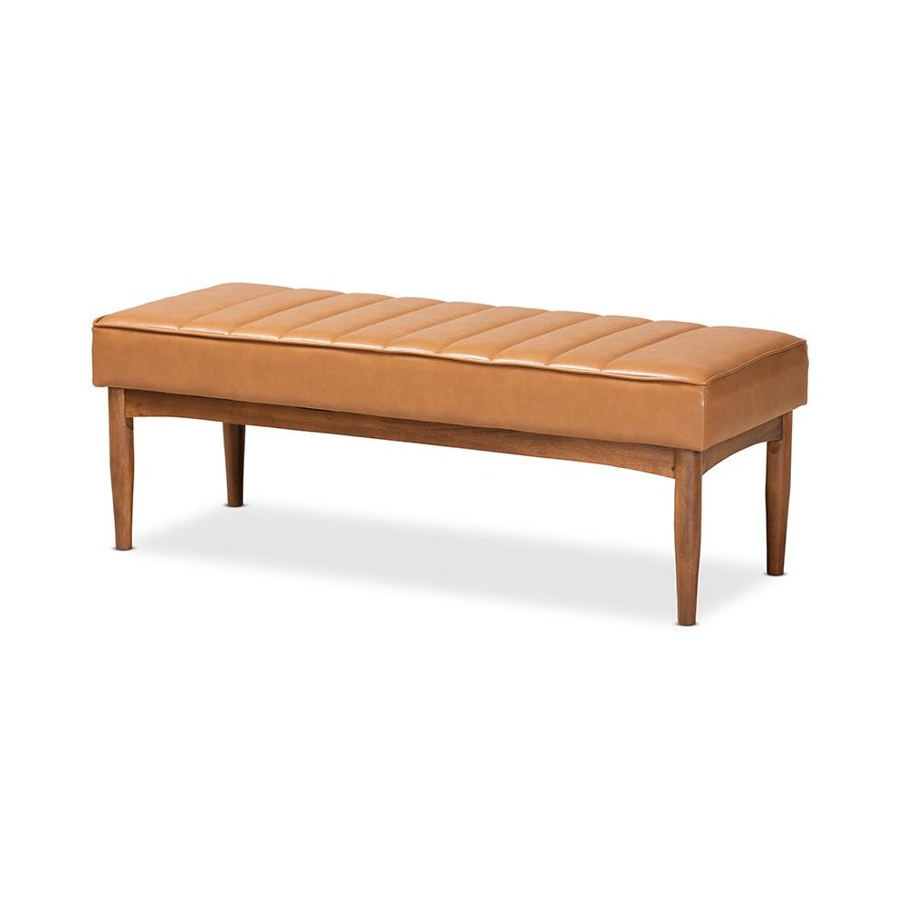 Leather Upholstered and Walnut Brown Finished Wood Dining Bench. Picture 1